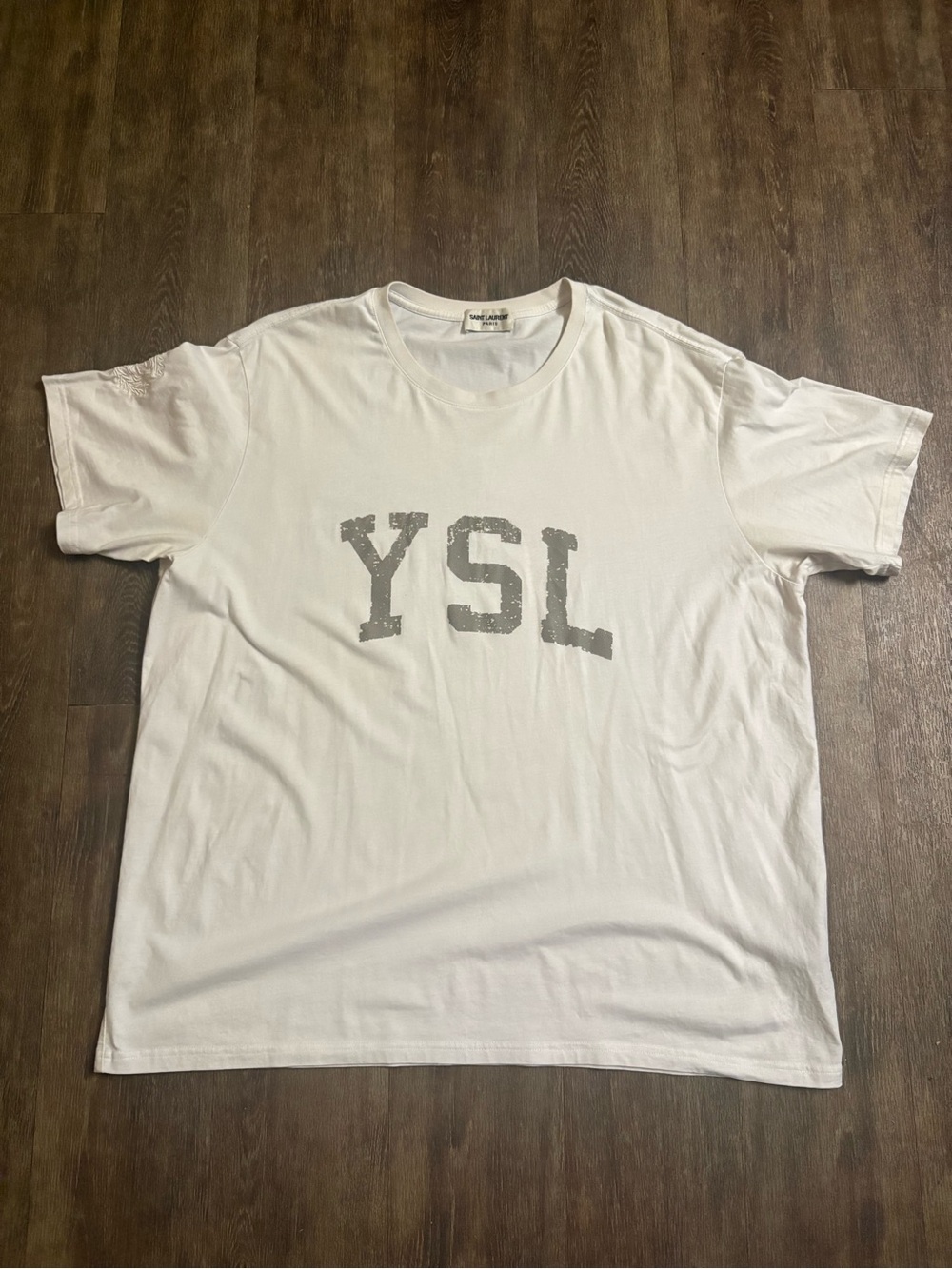 Saint Laurent White Crewneck T-Shirt with Gray YSL Print